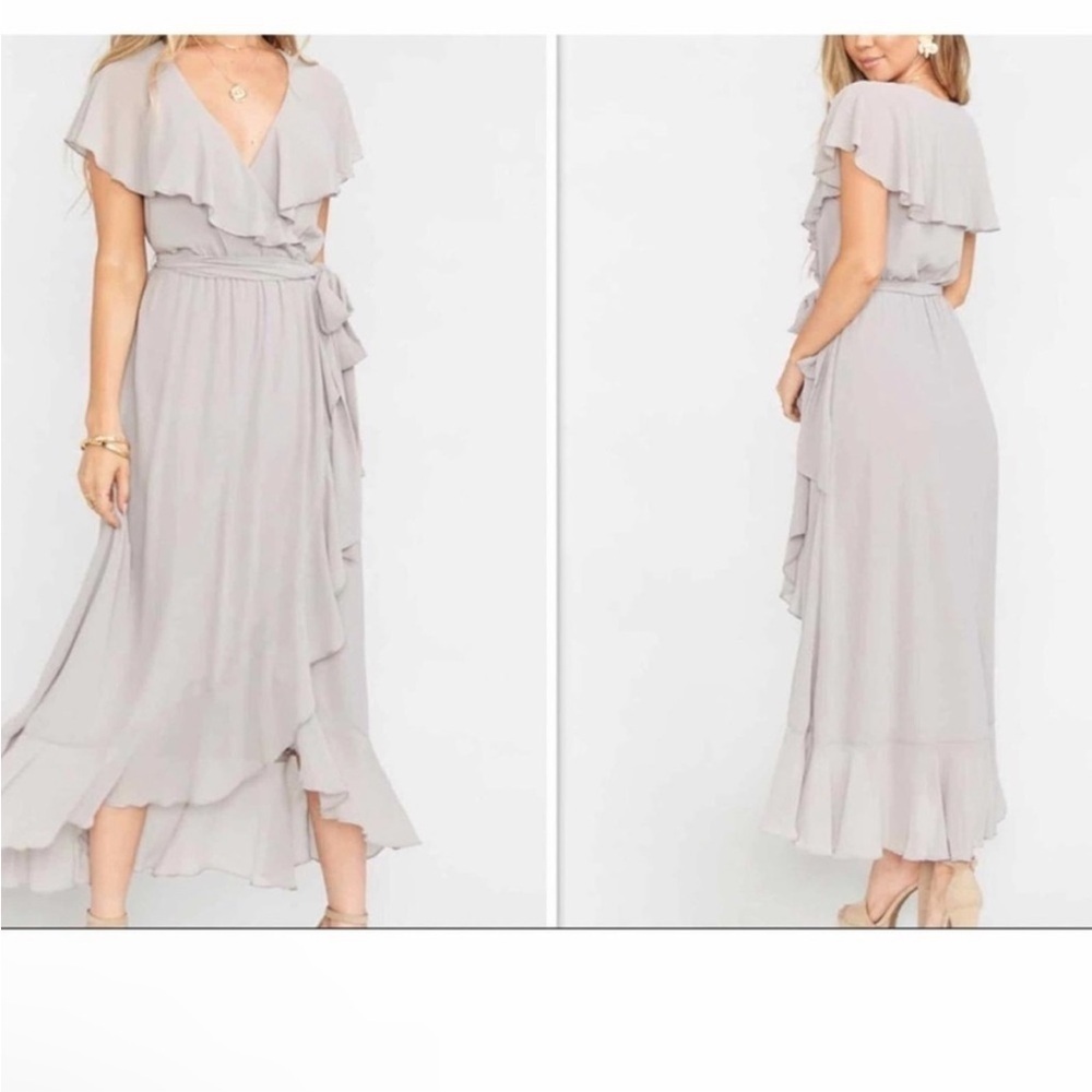 NWT Show Me Your Mumu Dress MUMU Jess Ruffle MIDI Dress Dove Grey Chiffon - Picture 8 of 9